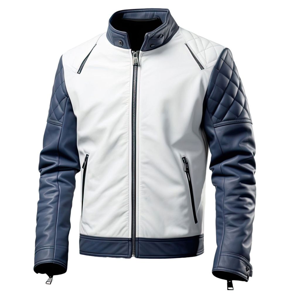 Men’s Dominant Navy Blue Grey Genuine Lambskin Quilted Biker Leather Jacket