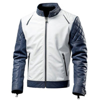 Men’s Dominant Navy Blue Grey Genuine Lambskin Quilted Biker Leather Jacket