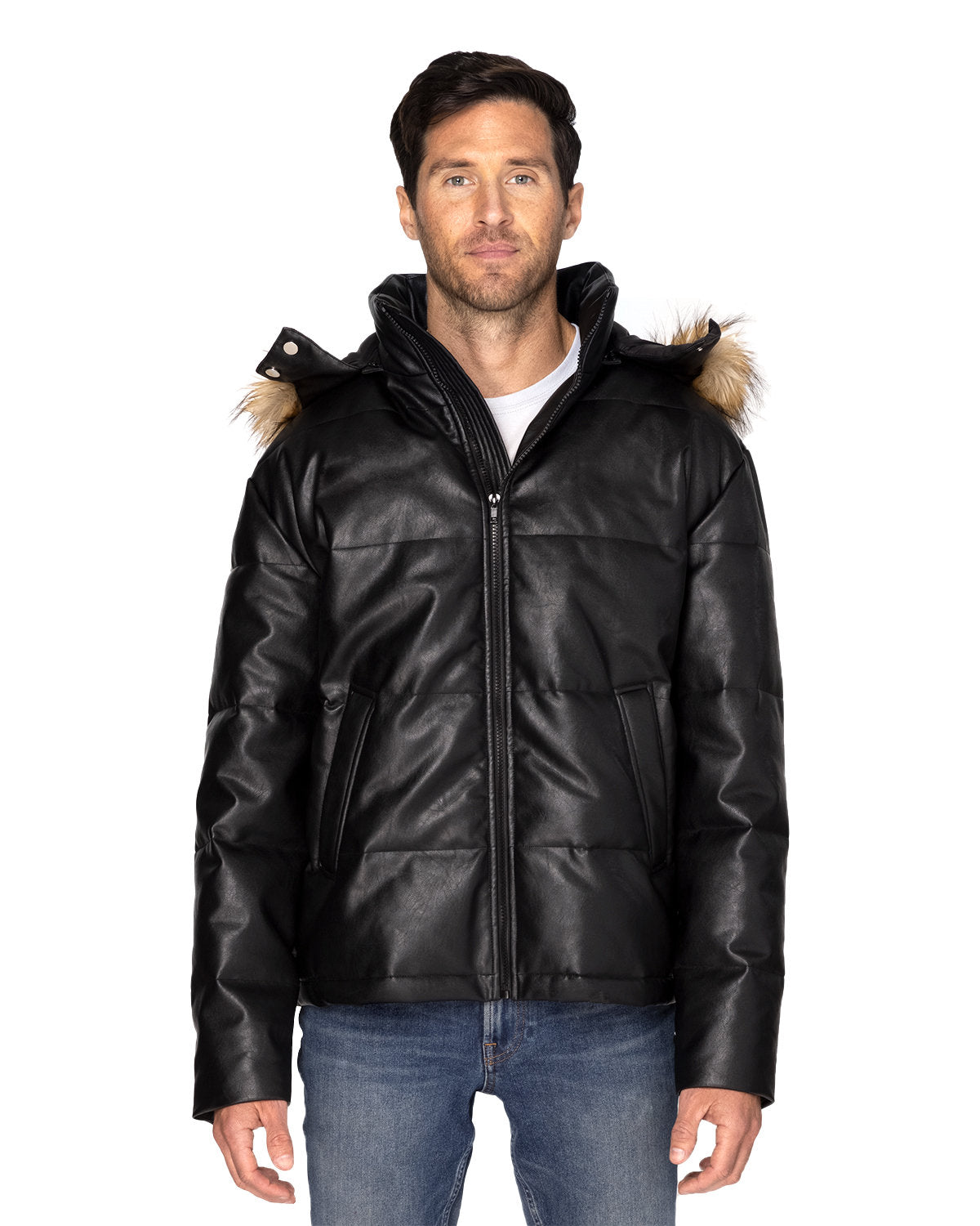 Unisex Vegan Leather Puffer Jacket with Faux Fur Hood