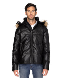 Unisex Vegan Leather Puffer Jacket with Faux Fur Hood