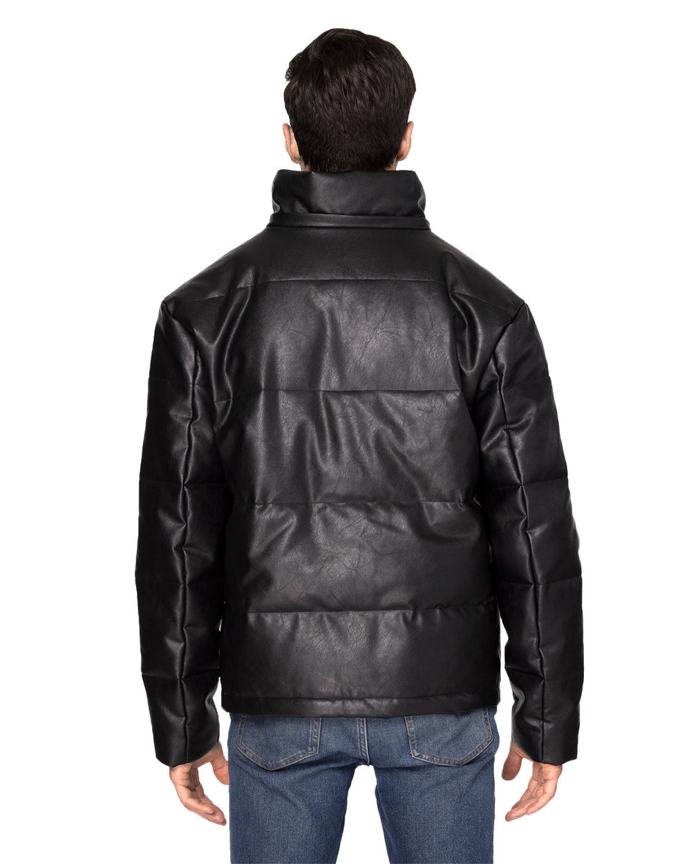 Unisex Vegan Leather Puffer Jacket with Faux Fur Hood