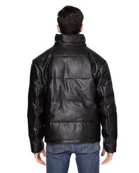 Unisex Vegan Leather Puffer Jacket with Faux Fur Hood