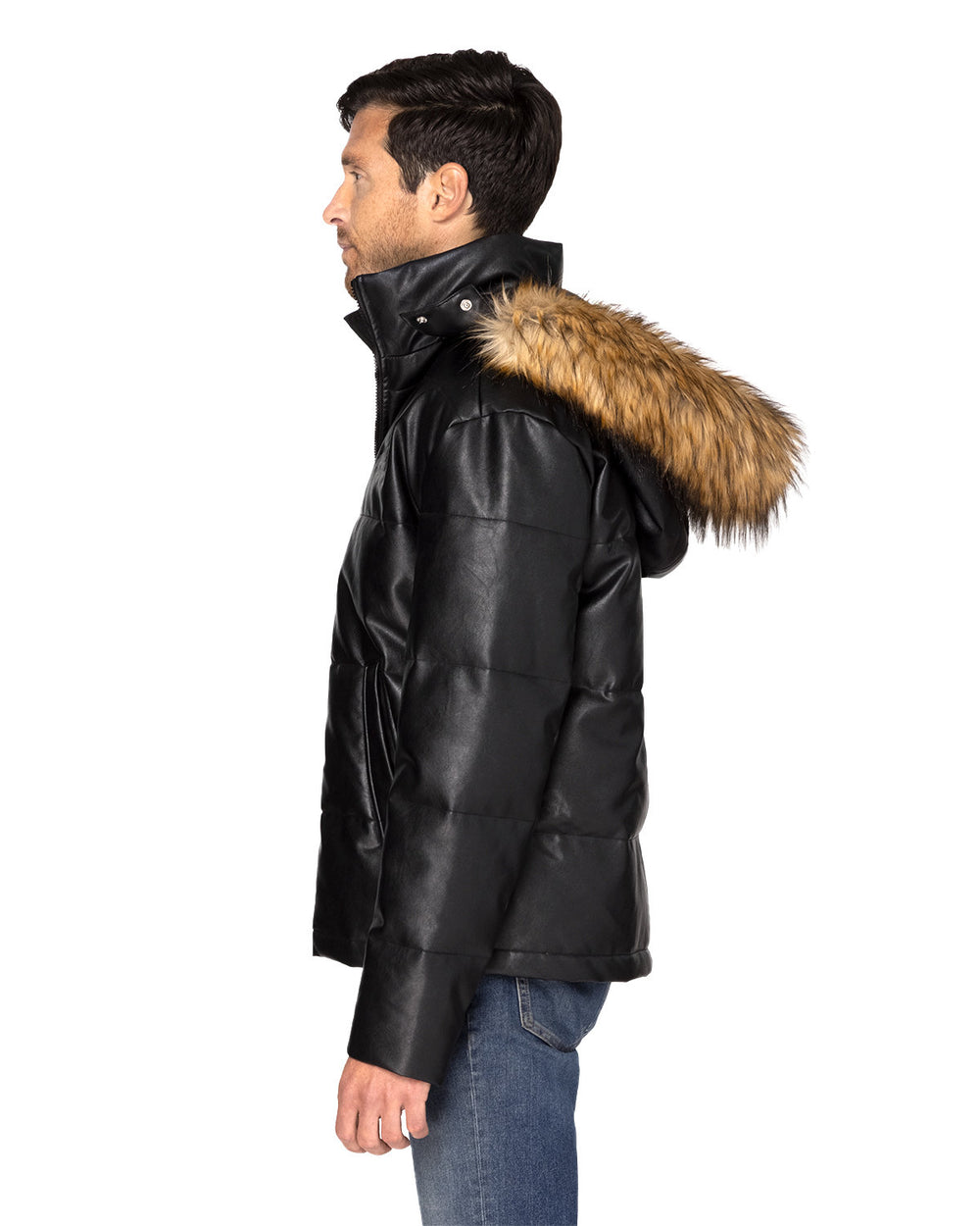 Unisex Vegan Leather Puffer Jacket with Faux Fur Hood