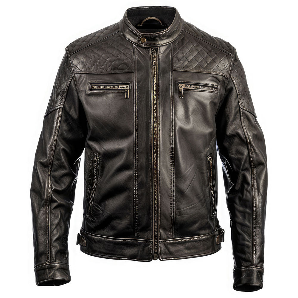 Men's Rugged Brown Biker Stand-up Collar Real Lambskin Jacket