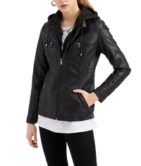 Womens Naomi Genuine Lambskin Leather Hooded Jacket with Removable Hoodie