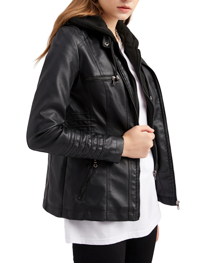 Womens Naomi Genuine Lambskin Leather Hooded Jacket with Removable Hoodie