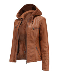 Womens Naomi Genuine Lambskin Leather Hooded Jacket with Removable Hoodie