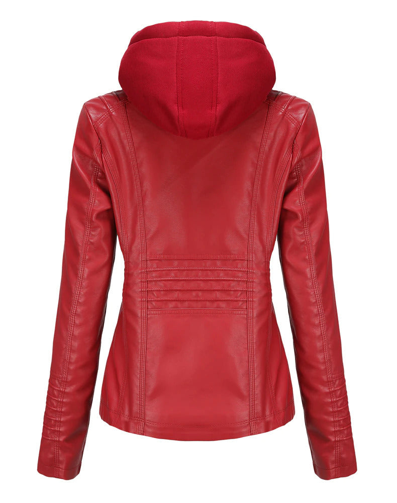 Womens Naomi Genuine Lambskin Leather Hooded Jacket with Removable Hoodie