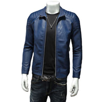 Men's Vanguard Blue Quilted Motorcycle Real Lambskin Biker Jacket