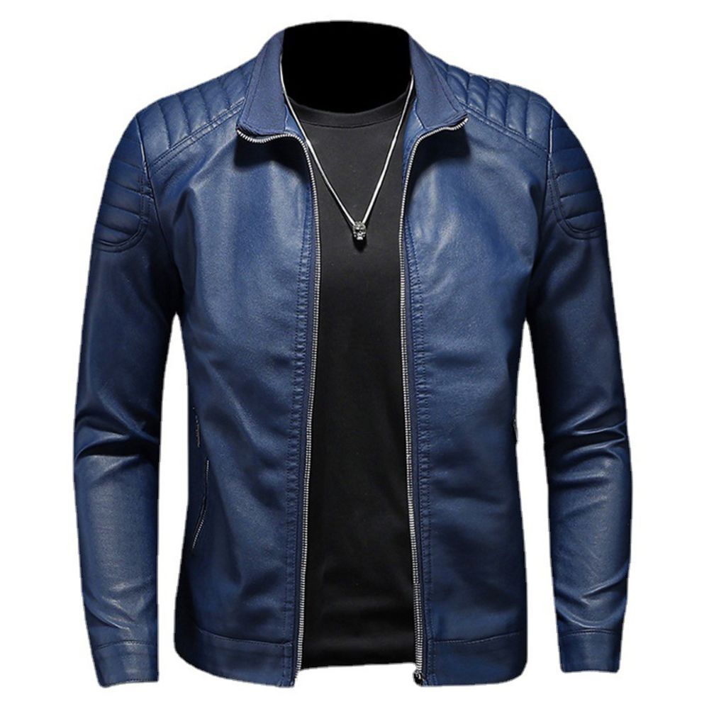 Men's Vanguard Blue Quilted Motorcycle Real Lambskin Biker Jacket