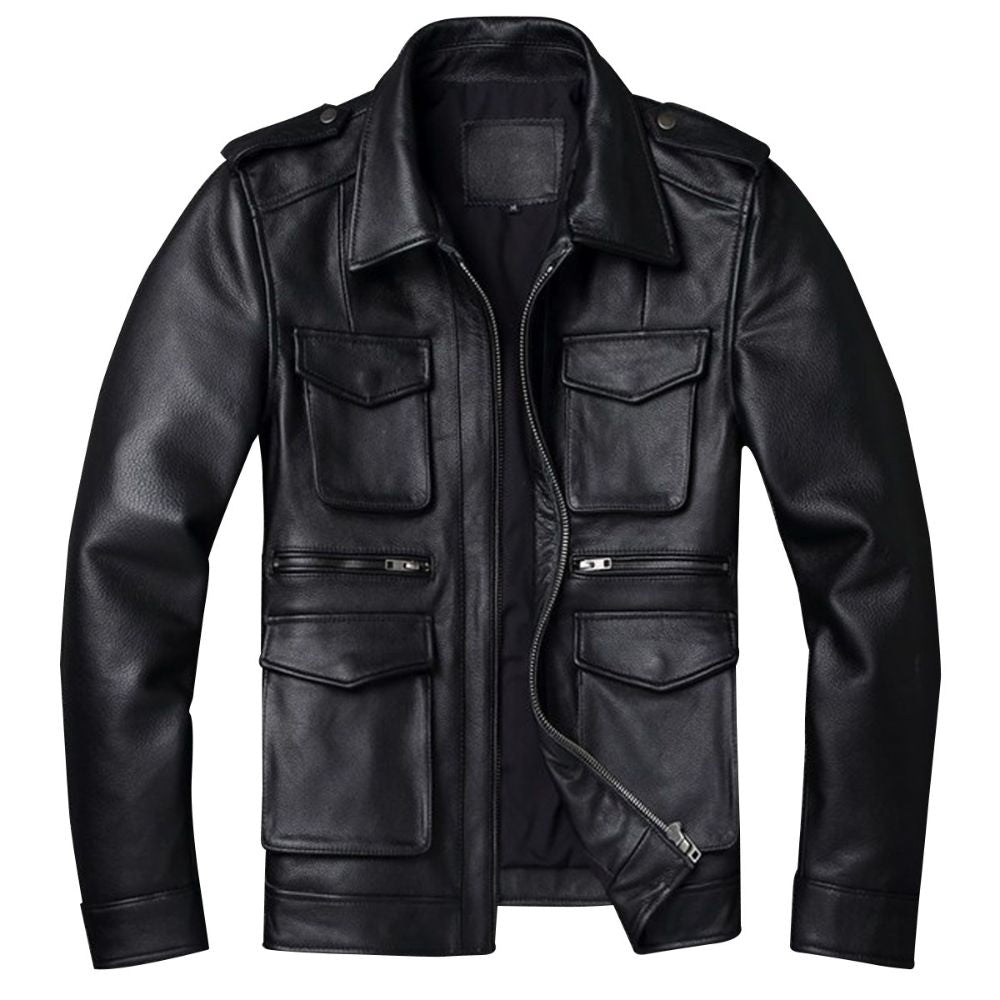 Men's Knight Black Retro Bomber Motorcycle Genuine Cowhide Leather Jacket