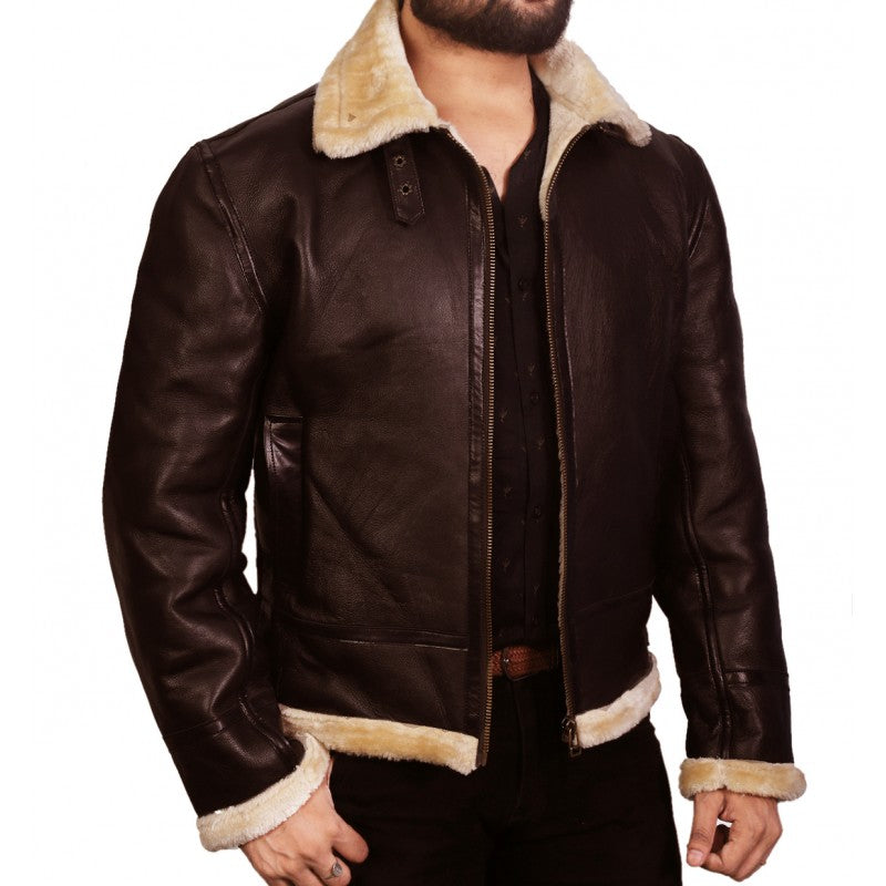 Men's Maverick Brown Aviator B3 Bomber Faux Fur Lining Real Cowhide Leather Jacket