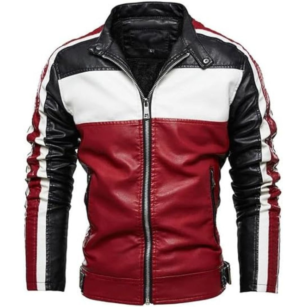 Men's Gallant Red and Black Varsity Stand Collar Café Racer Real Lambskin Jacket