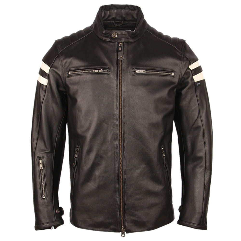 Men's Nova Stylish Cafe Racer White Striped Black Real Lambskin Leather Jacket