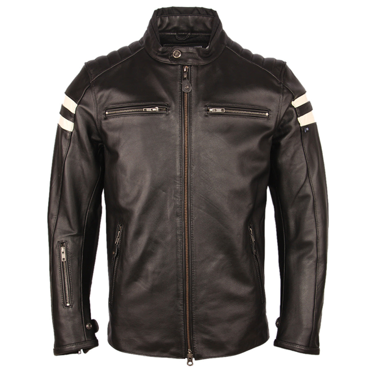 Men's Nova Stylish Cafe Racer White Striped Black Real Lambskin Leather Jacket