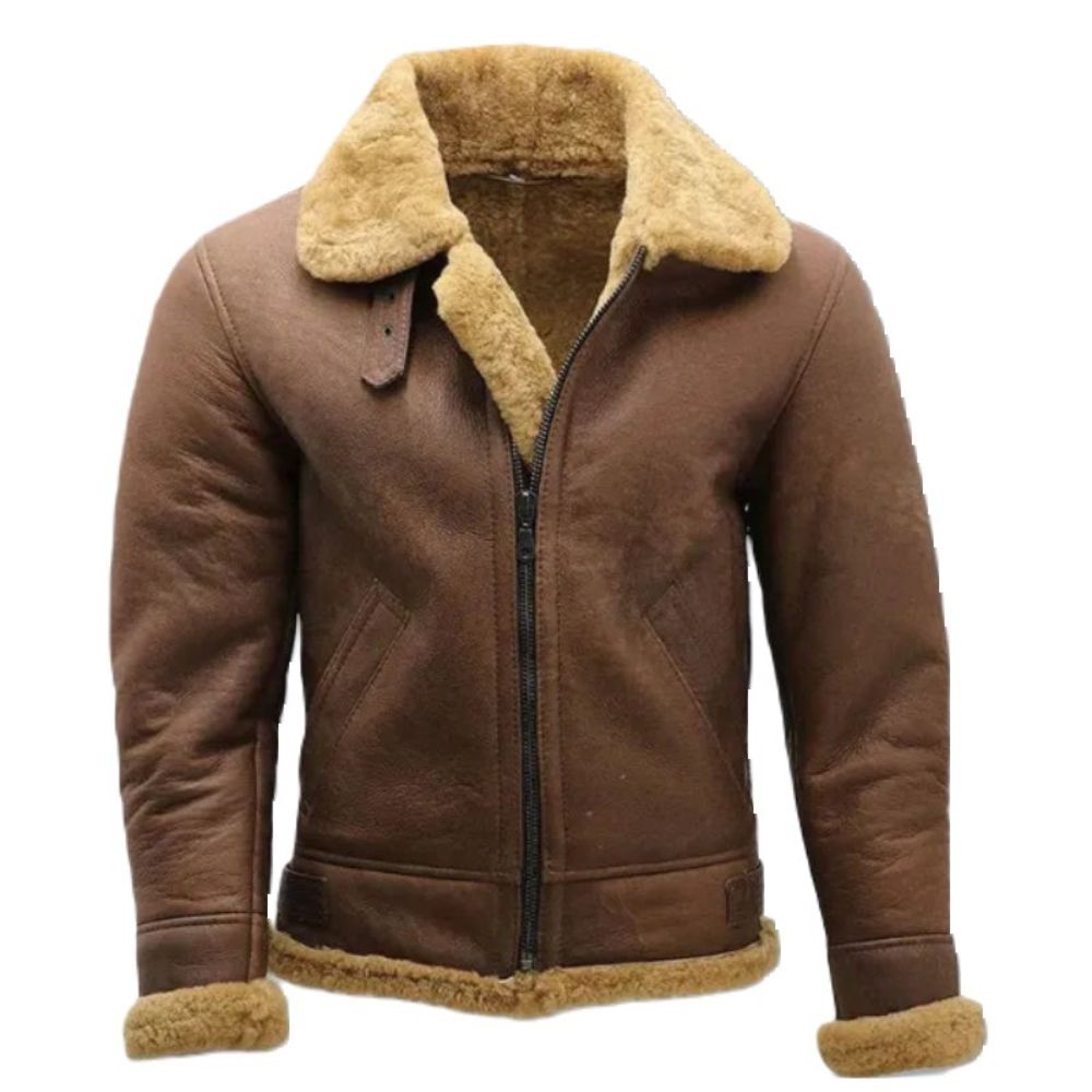 Men's Stealth Aviator Faux Fur Lining Bomber Genuine Lambskin Brown Leather Jacket