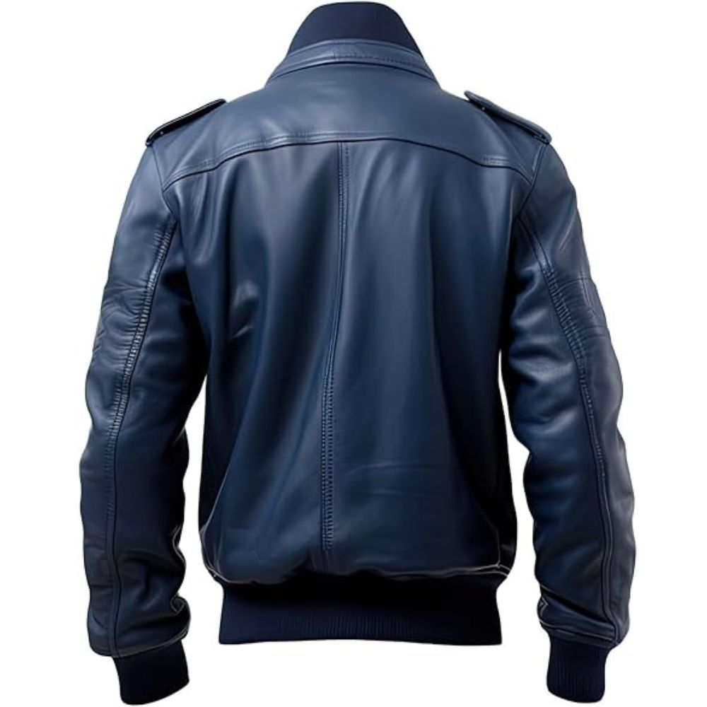 Men’s Apex Classic Blue Mandarin Collar Bomber Lambskin Leather Jacket