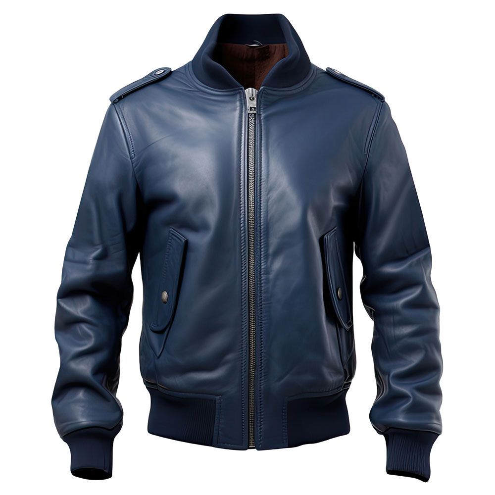 Men's Apex Classic Blue Mandarin Collar Bomber Lambskin Jacket