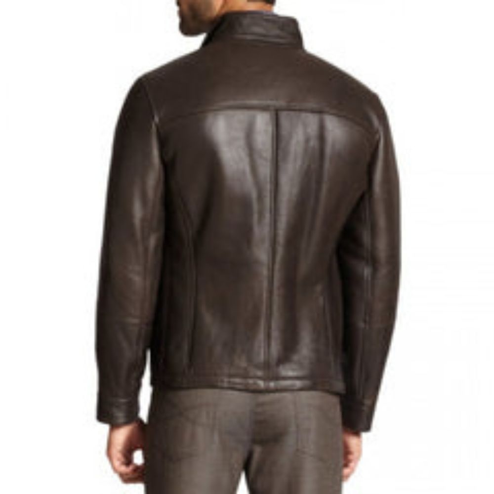 Men's Fortress Coffee Brown Genuine Lambskin Front Flap Pockets Leather Jacket