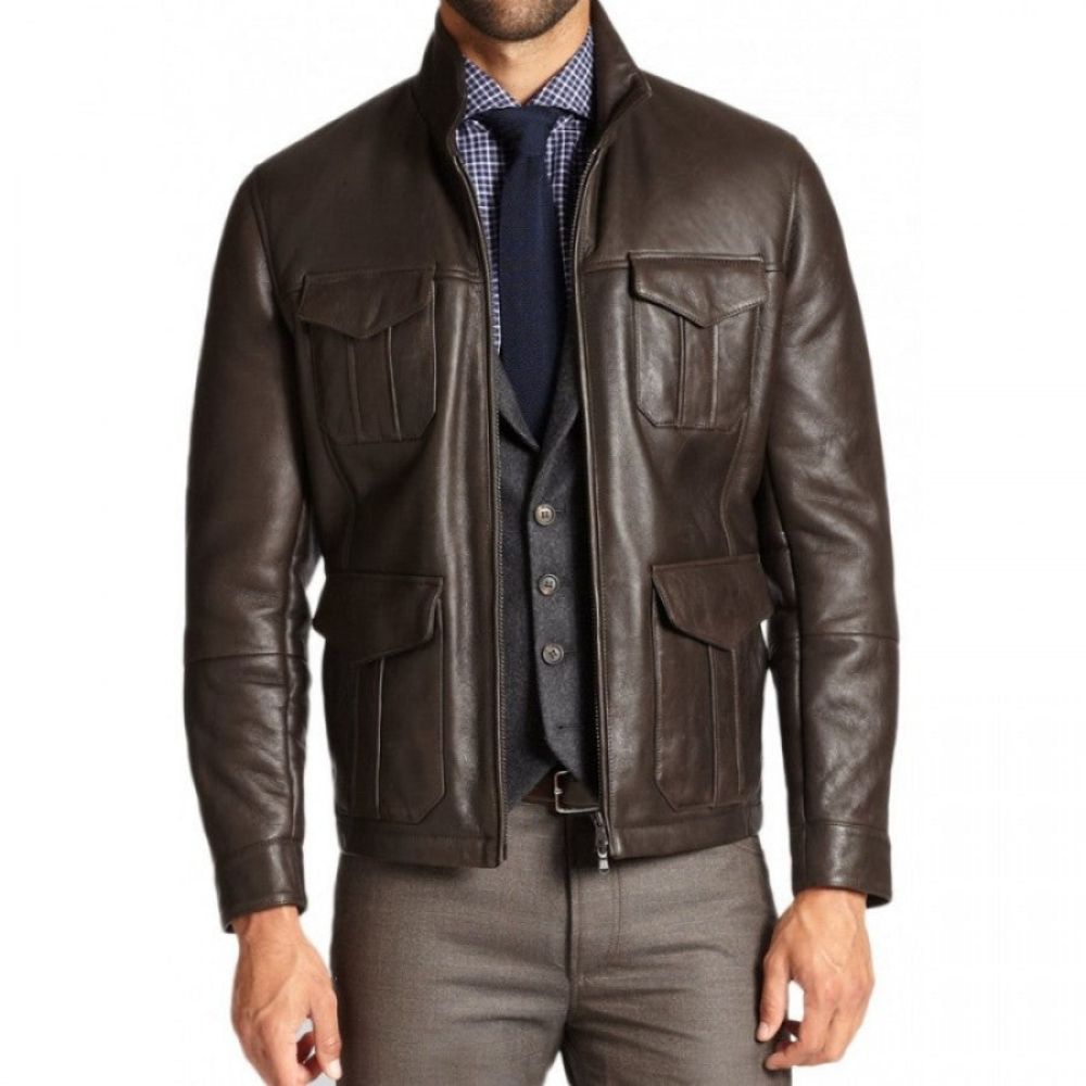 Men's Fortress Coffee Brown Real Lambskin Front Flap Pockets Jacket