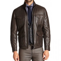 Men's Fortress Coffee Brown Genuine Lambskin Front Flap Pockets Leather Jacket