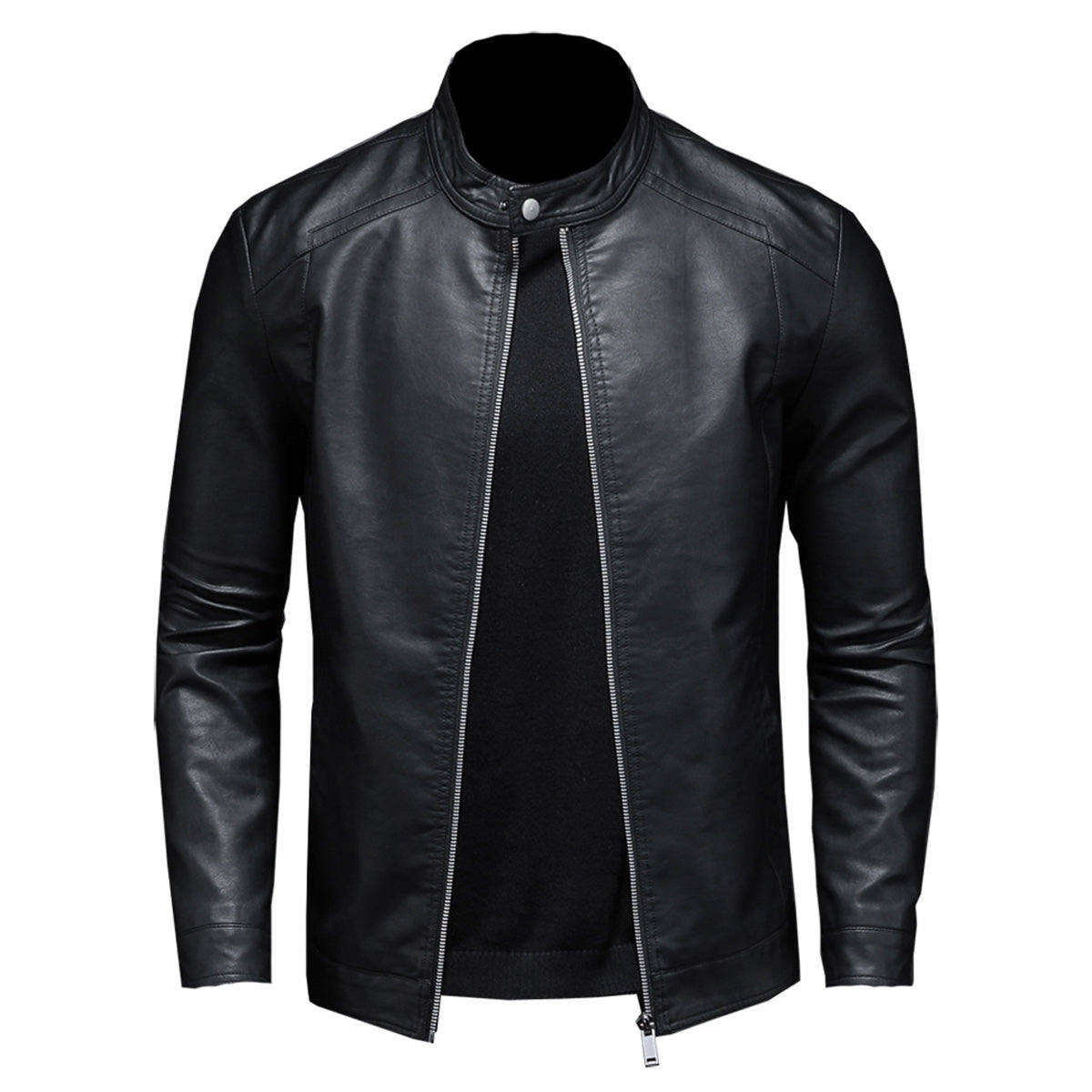 Men’s Cosmic Black Stand-Up Collar Biker Genuine Lambskin Leather Jacket