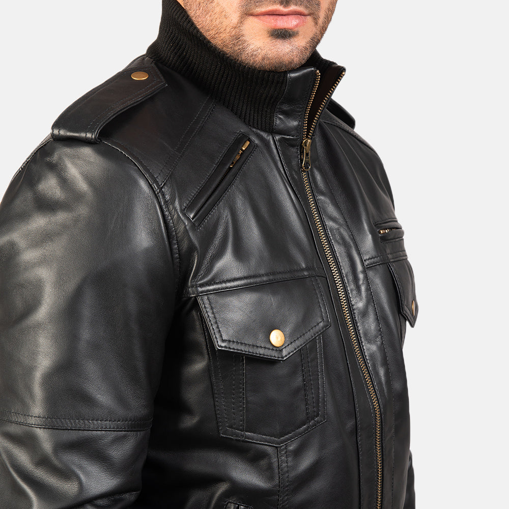 Agent Shadow Black Leather Bomber Jacket