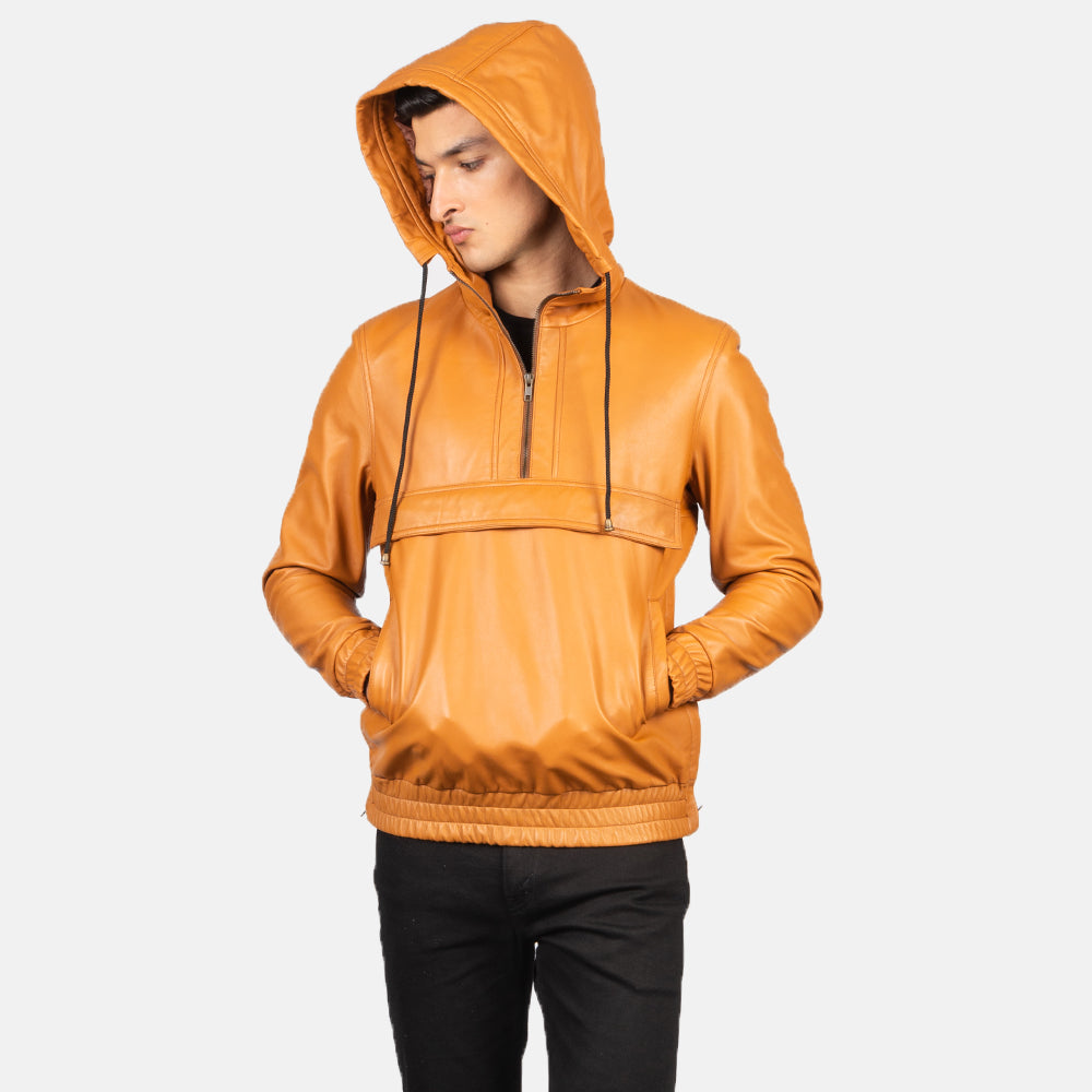 Kenton Hooded Brown Leather Pullover Jacket
