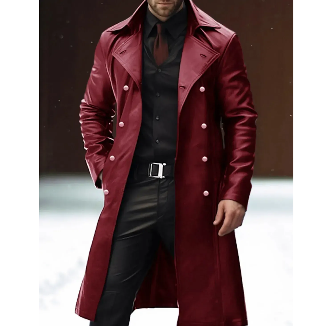 Classic Men’s German Officer Leather Trench Coat – Military Style Elegance