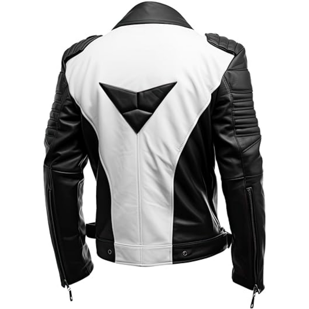 Men’s Black and White Quilted Real Leather Motorcycle Jacket