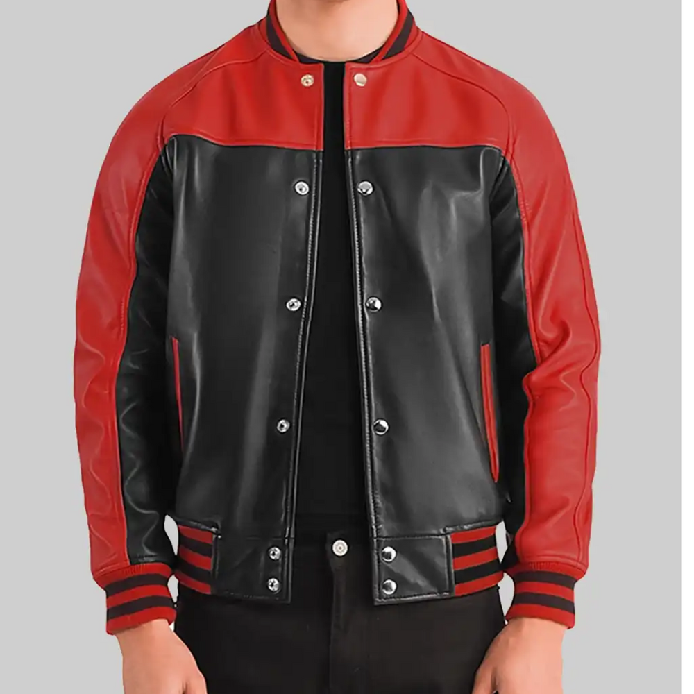 Holt Men’s Black & Red Leather Varsity Jacket – Classic Two-Tone Style & Comfort