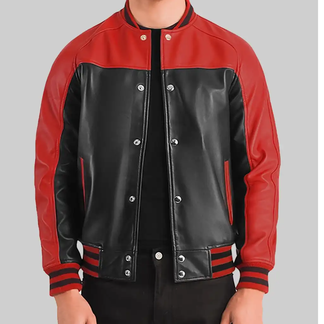 Holt Men’s Black & Red Leather Varsity Jacket – Classic Two-Tone Style & Comfort