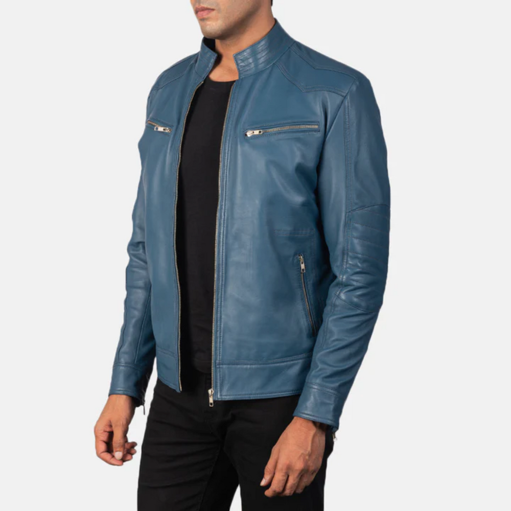 Men’s Blue Biker Leather Jacket – Stylish, Durable & Road-Read