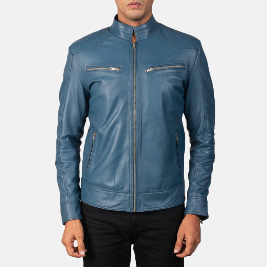 Men’s Blue Biker Leather Jacket – Stylish, Durable & Road-Read