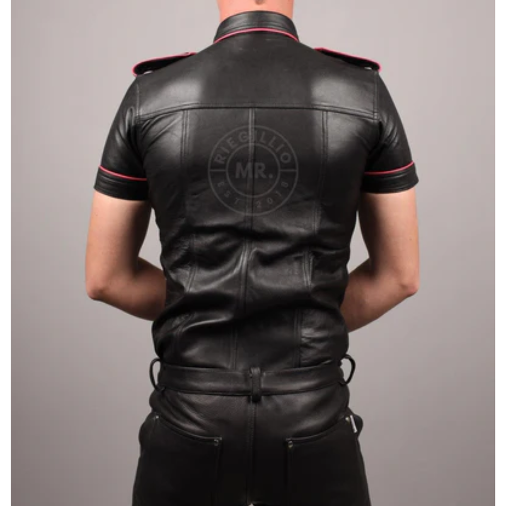 Black Leather Shirt with Pink Piping