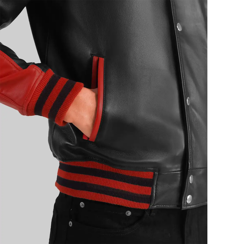 Holt Men’s Black & Red Leather Varsity Jacket – Classic Two-Tone Style & Comfort