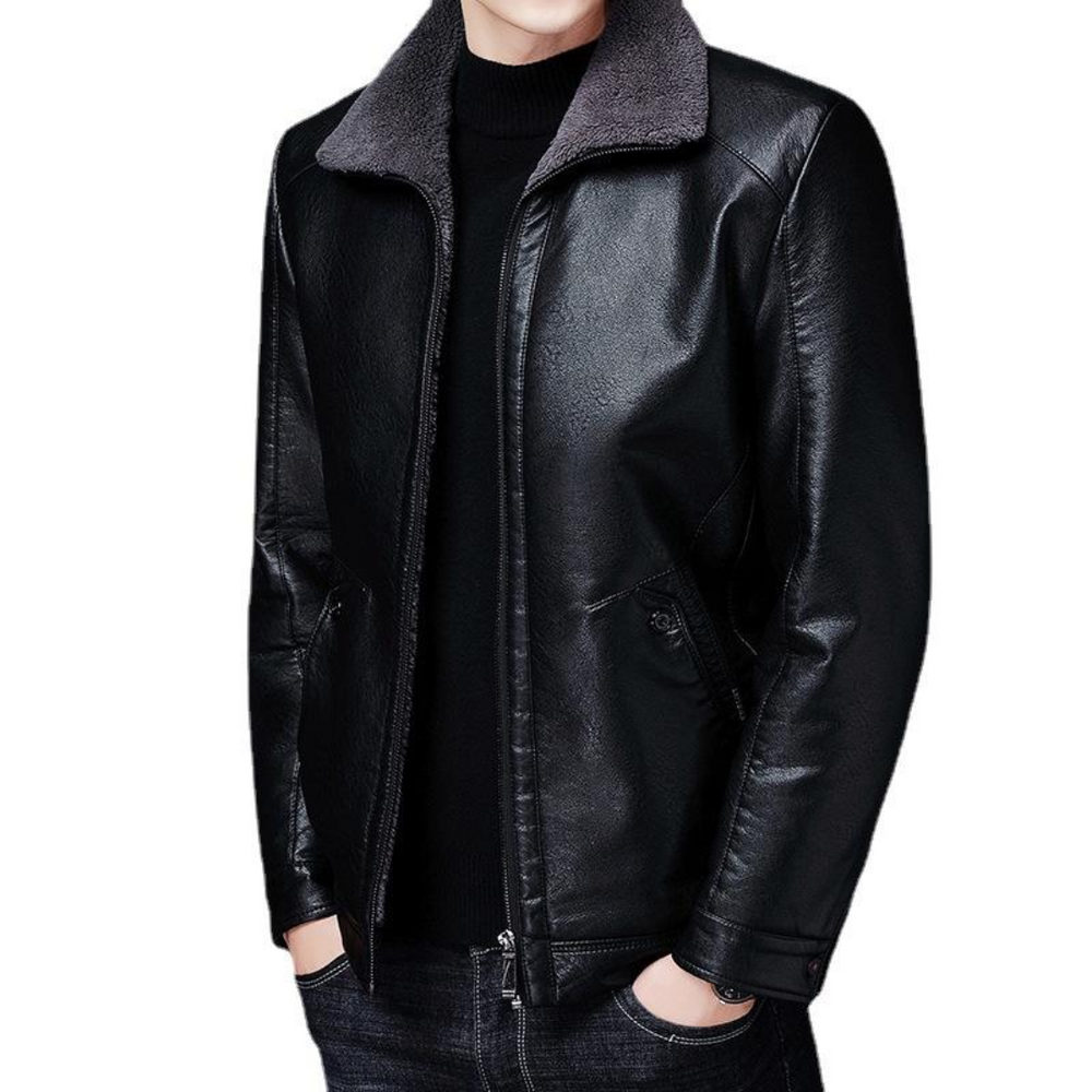 Men’s Winter Leather Jacket – Plus Velvet Thick Warm Lapel Fur Collar Jacket for Middle-Aged Men