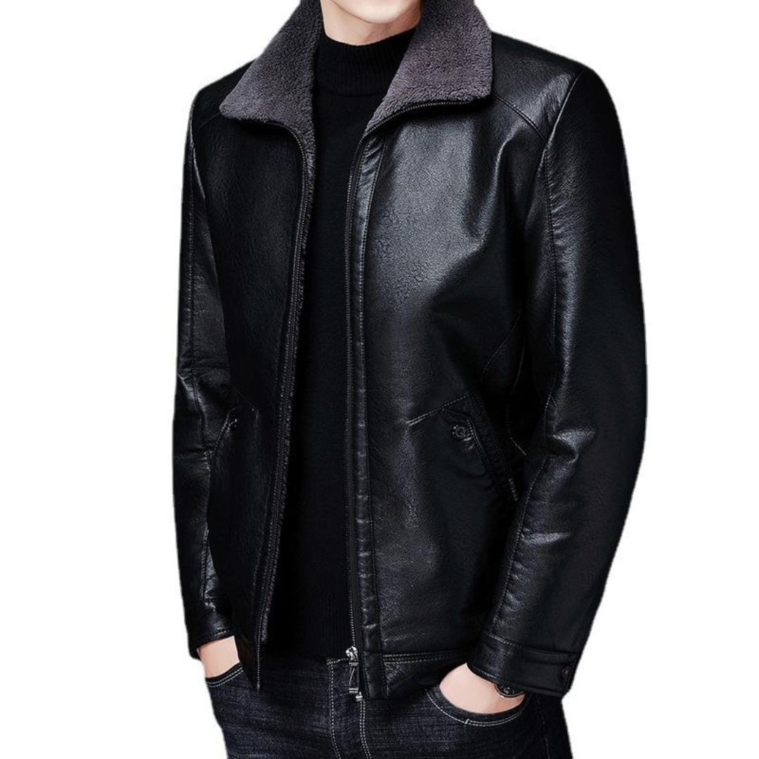 Men’s Winter Leather Jacket – Plus Velvet Thick Warm Lapel Fur Collar Jacket for Middle-Aged Men