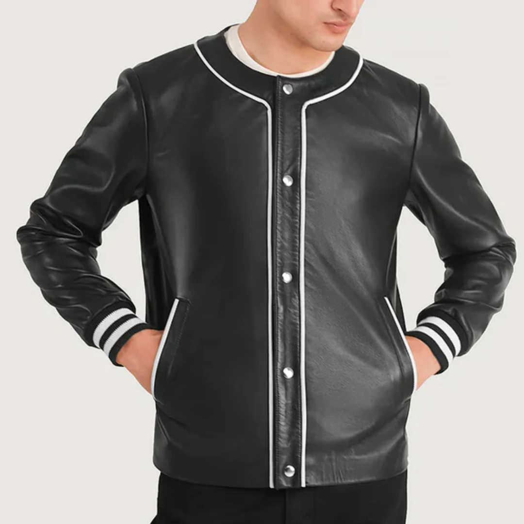 Willis Black Genuine Leather Varsity Jacket for Men