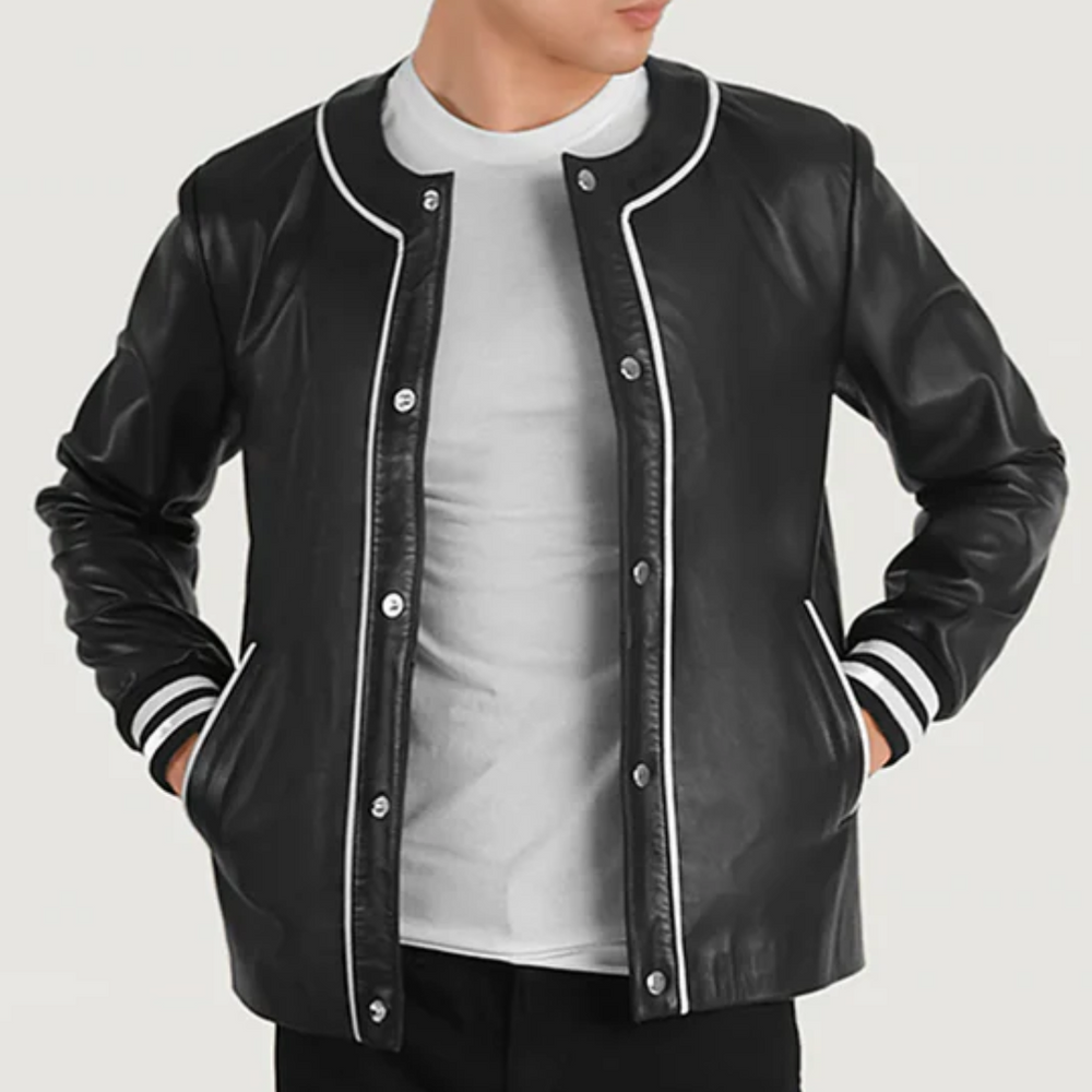 Willis Black Genuine Leather Varsity Jacket for Men