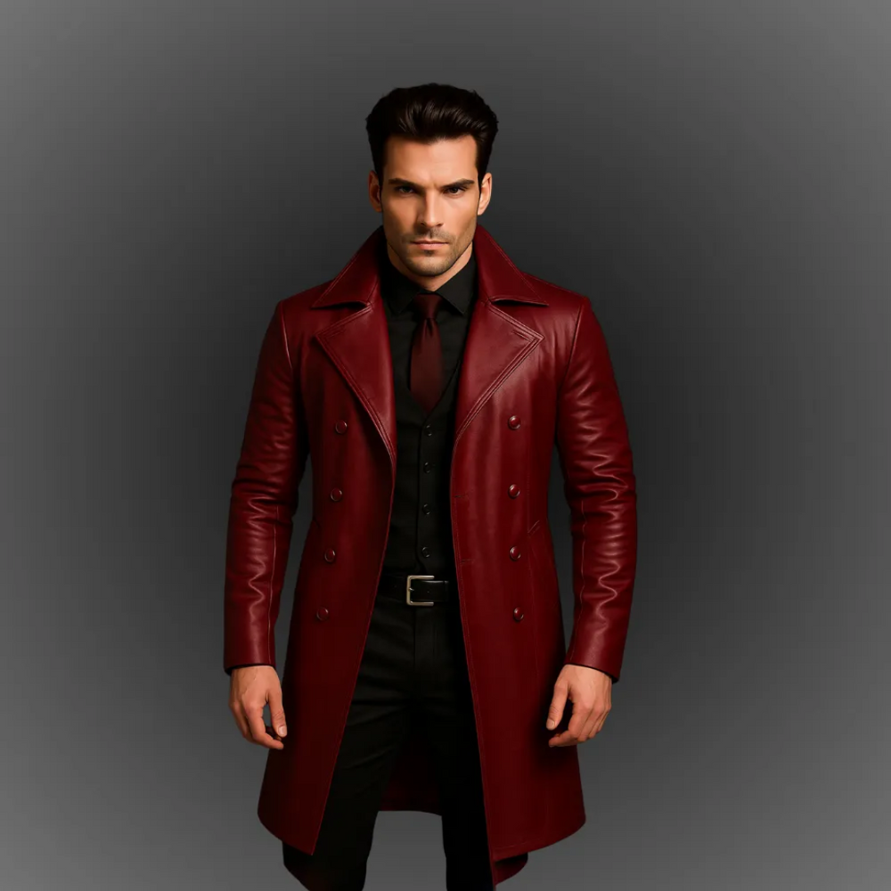 Classic Men’s German Officer Leather Trench Coat – Military Style Elegance