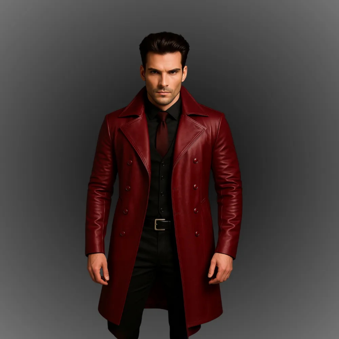 Classic Men’s German Officer Leather Trench Coat – Military Style Elegance