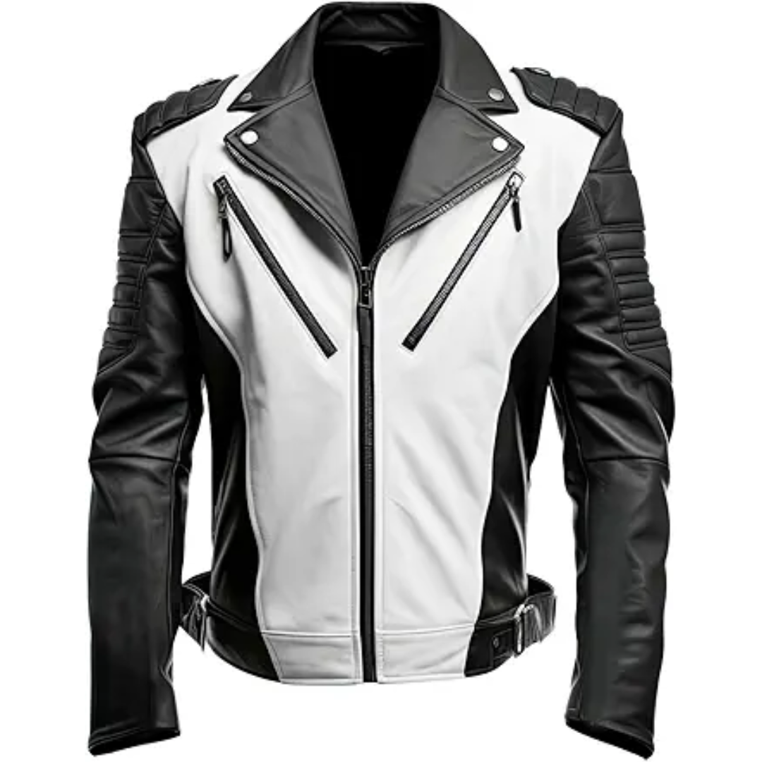 Men’s Black and White Quilted Real Leather Motorcycle Jacket
