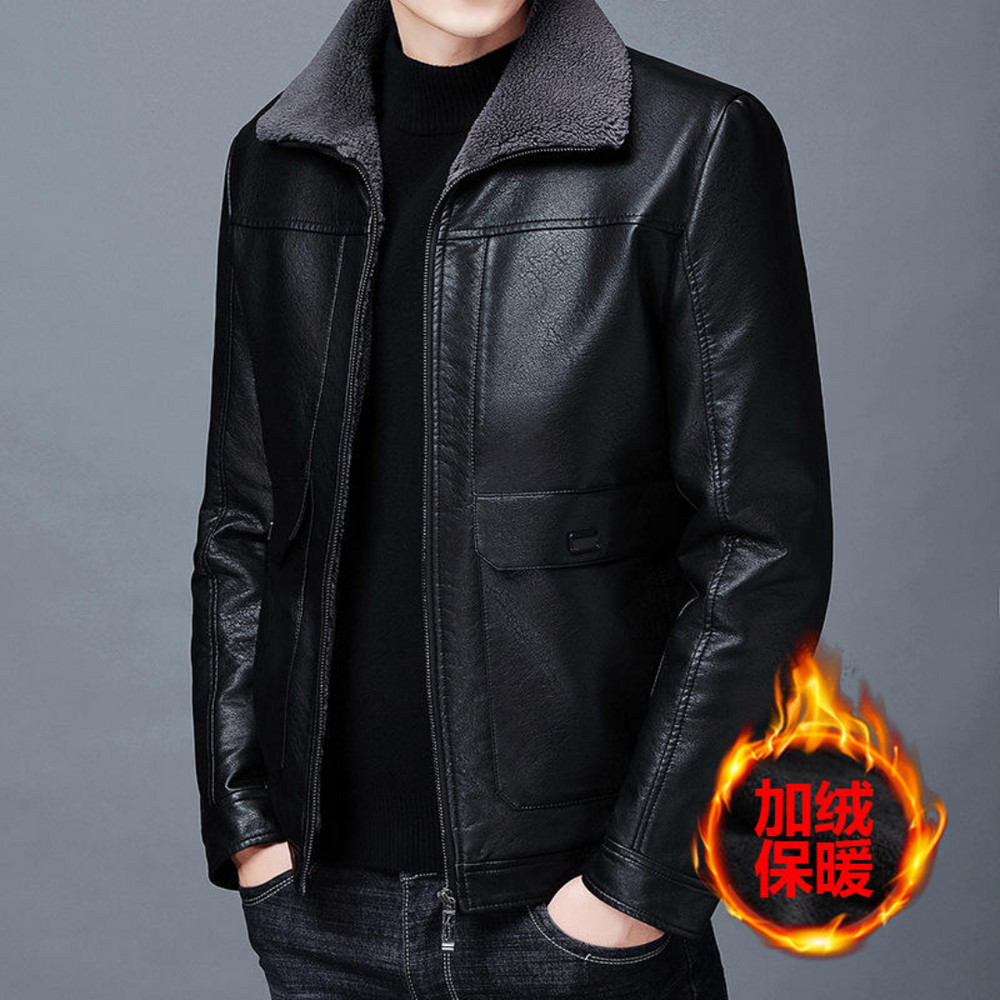 Men’s Winter Leather Jacket – Plus Velvet Thick Warm Lapel Fur Collar Jacket for Middle-Aged Men
