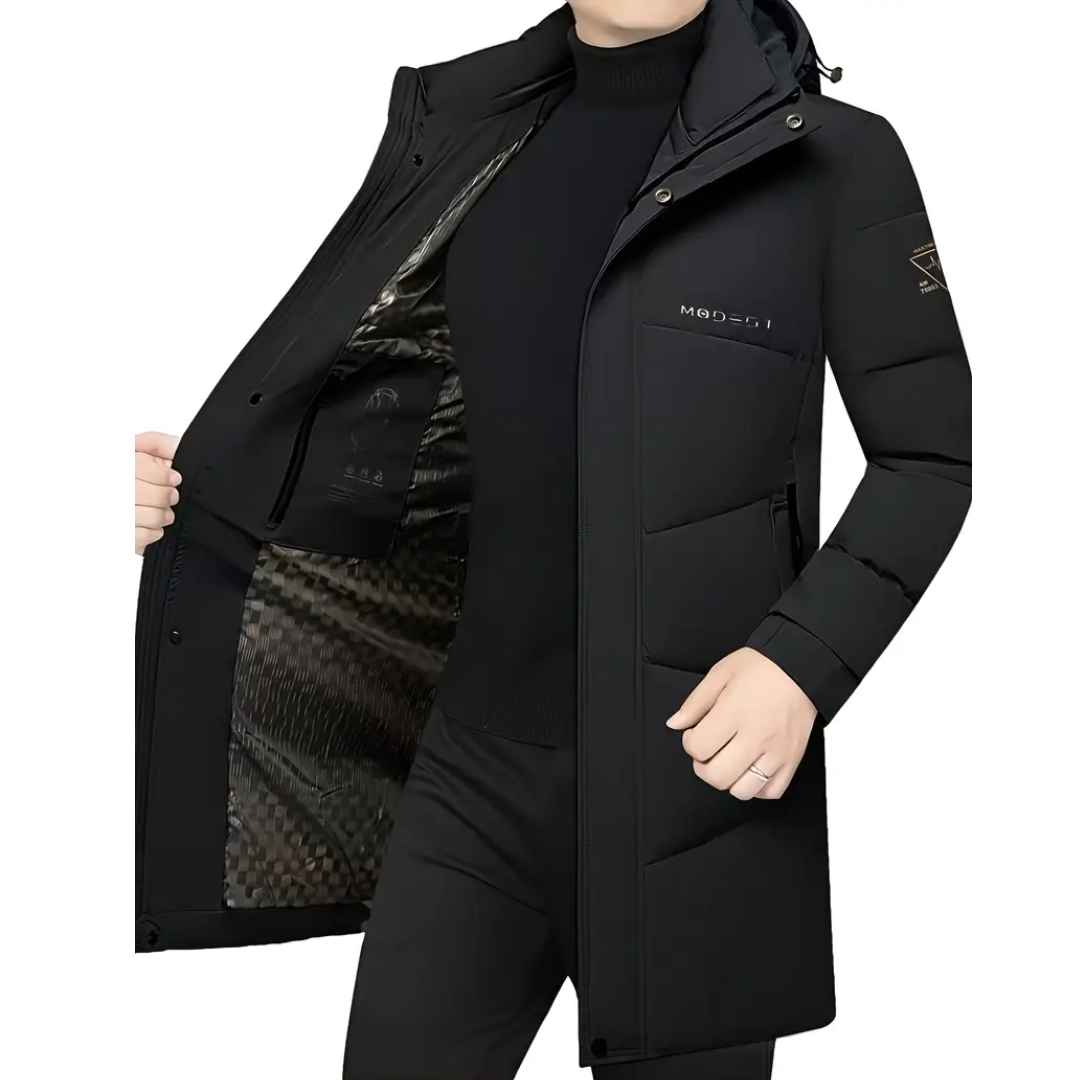 Men’s Windproof Thermal Hooded Jacket – Lightweight Insulated Winter Coat with Zippered Pockets
