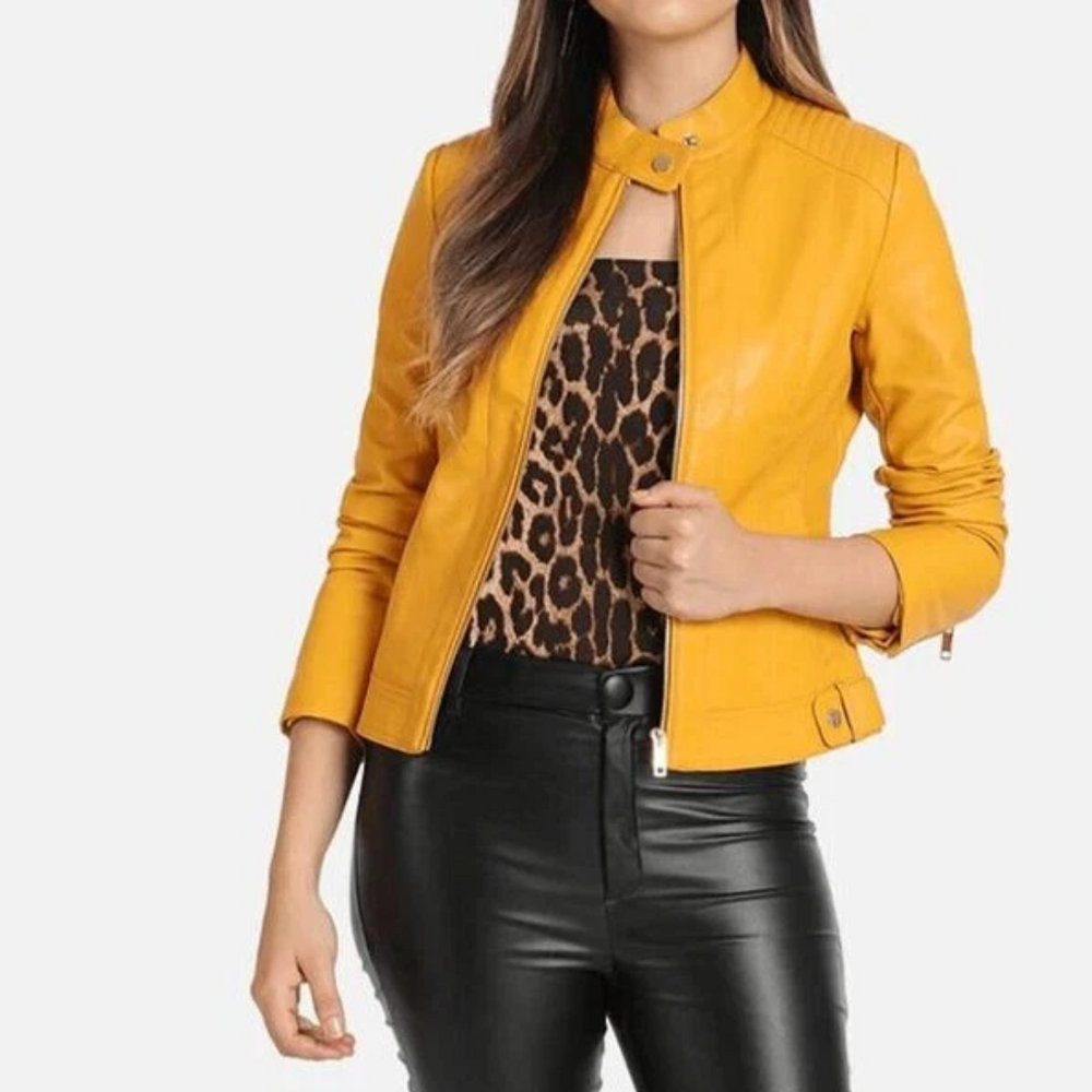 Women’s Genuine Lambskin Yellow Leather Biker Jacket – Slim Fit Motorcycle Style
