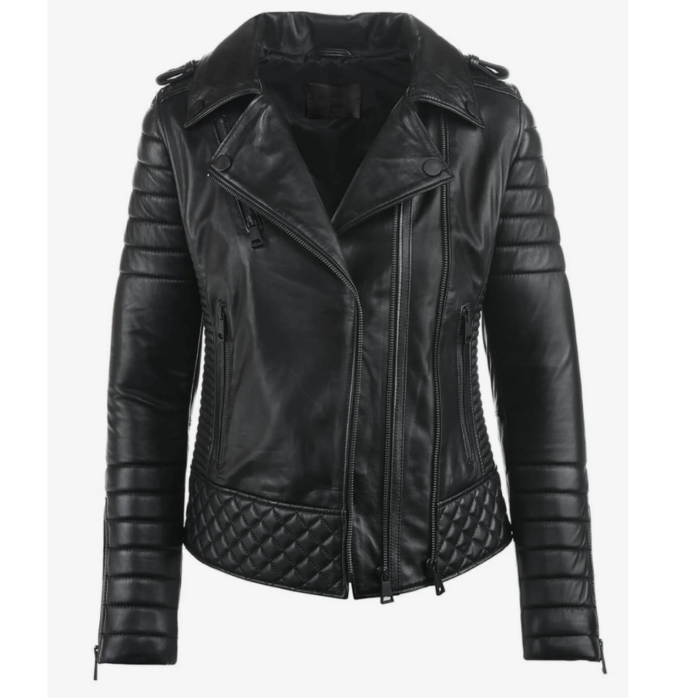 Women’s Midnight Black Quilted Biker Leather Jacket – Sleek & Stylish Ride