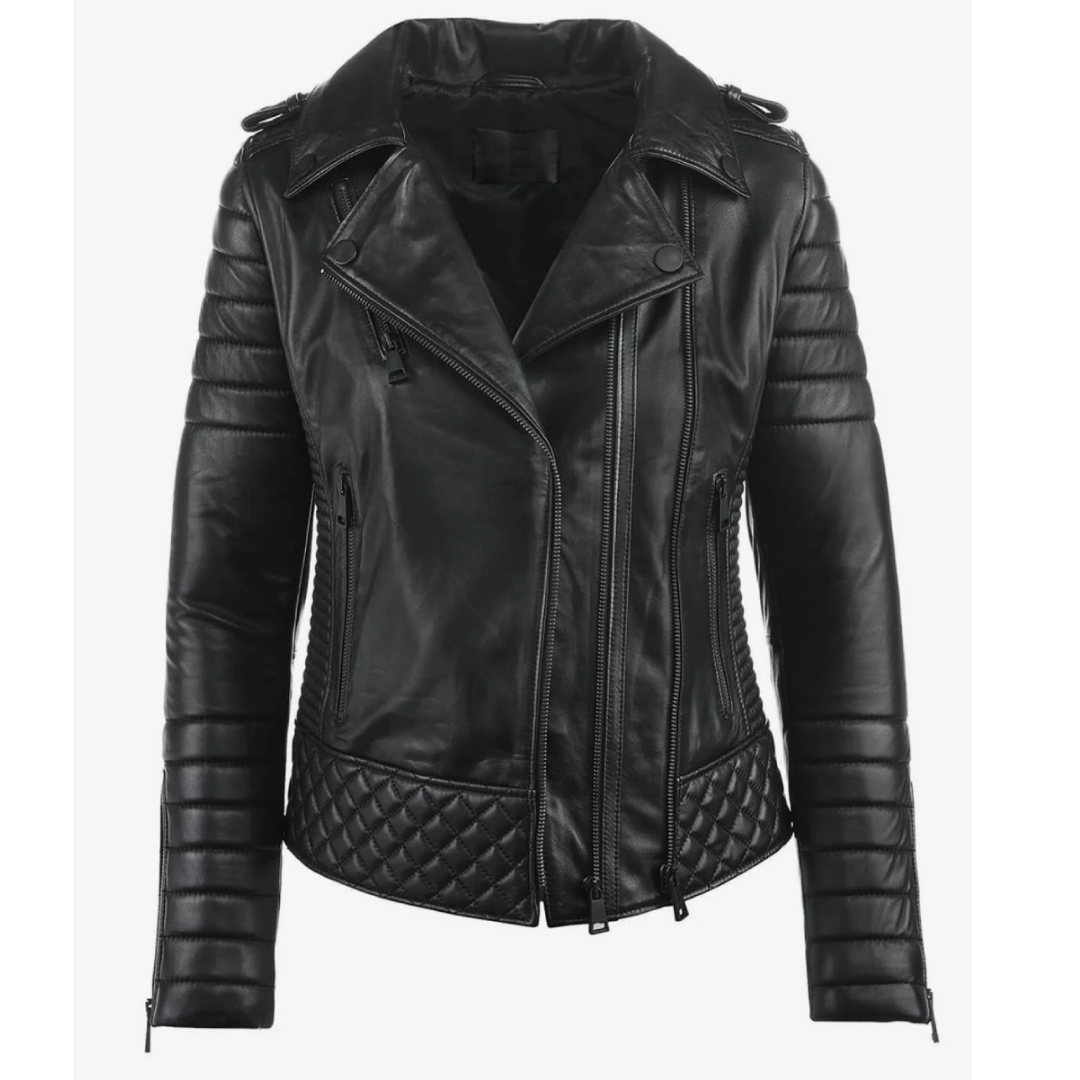 Women’s Midnight Black Quilted Biker Leather Jacket – Sleek & Stylish Ride