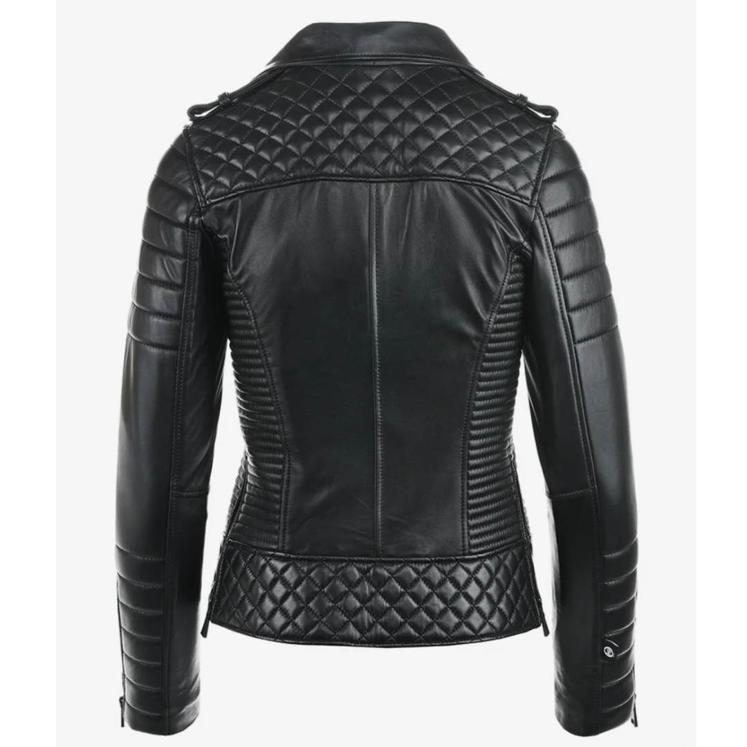 Women’s Midnight Black Quilted Biker Leather Jacket – Sleek & Stylish Ride