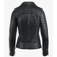 Women’s Midnight Black Quilted Biker Leather Jacket – Sleek & Stylish Ride